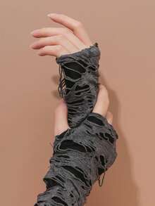 2025 New Style 2-Pack Street Gloves, Ripped Old Beggar Decorative Half-Finger Gloves, INS Gloves, Arm Sleeves For Women, Suitable For Daily Wear, Halloween Costume Matching, Cosplay Decoration, Stage Performance, Party Theme, Fashionable Arm Sleeves, Beggar Style Arm Sleeves Thanksgiving Christmas Winter Holiday Outfit Women+Winter Gear+Gloves Bear+Christmas - Dark Grey - View 7