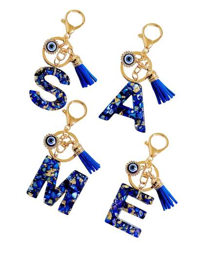 26pcs Bohemian Style Gemstone Blue Resin Letter Keychains, Bag Charms With Evil Eye And Tassel Decor, Holiday/Birthday Party Favors Christmas Gift Car Accessories Teacher Friend Sister Gift Ideas