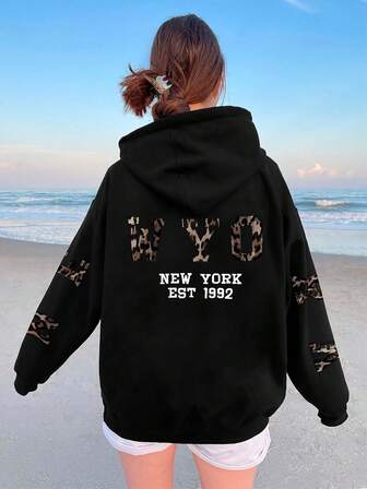 加大码女式豹纹印花字母“NEW YORK”文字年份图案连帽衫 | 宽松休闲秋冬卫衣