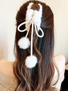 Autumn & Winter Traditional Style Tassel Pom-Pom Pendant Plush Claw Clip - A Hair Accessory For Girls, Suitable For High Ponytails & Updos At The Back Of The Head - trắng - Xem 5
