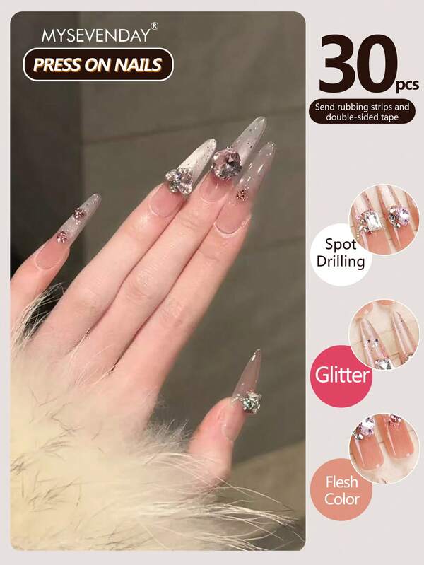 30 Pieces Press On Nails Ultra Long And Sharp Style/Various Crystal Sparkling Diamonds And Glitter Decorations With Gradient Colors, Detachable Fake Armor Pieces/Perfectly Fitting Acrylic Fake Nail Set, Including 1 Jelly Glue And 1 Nail File, Suitable For Women's Daily Work, Study, And Gatherings In Autumn And Winter Nail Products Suitable For Gatherings, Festivals , And Daily Use