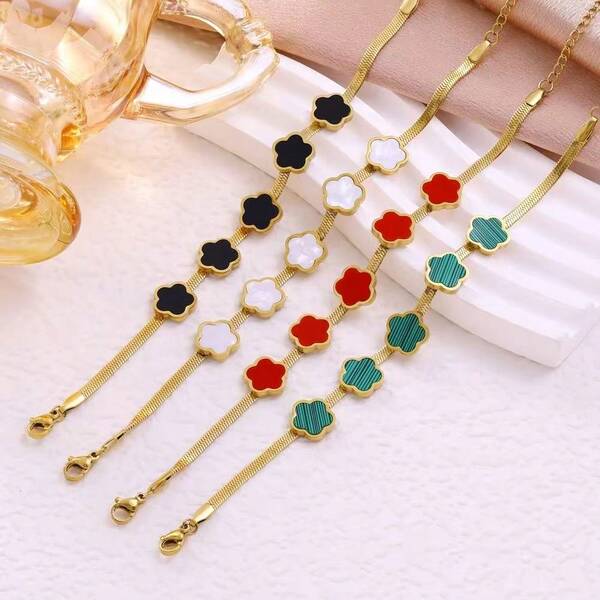 Gold Plated Black Enamel Four-Leaf Clover Bracelet, Herringbone Chain Lucky Charm Bracelet, Stainless Steel Jewelry For Women Gift