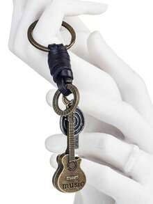 1pc Retro Small Guitar Cowhide Key Chain For Men, Braided Cowhide Keychain, Backpack Pendant Car Accessories Bag Charm School Cute Goth Y2k Christmas Gift Ideas Bag Lanyards With Id Holder Car Accessories Bag Charms - 銅色 - 查看 4