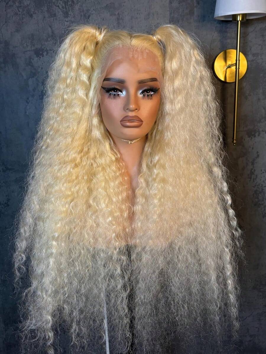 613 13x4 HD Transparent Glueless Wigs Pre Plucked With Baby Hair Deep Wave Lace Front Wigs Human Hair Narural Hairline Brazilian 250 Density Kinky Curly Blonde Colored Human Hair Wig For Women - 金色 - 查看 1