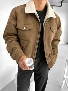 1pc Men's Corduroy Collar Long Sleeve Jacket, Fleece Lined Winter Coat, Comfortable For Autumn/Winter, Versatile For Commuting, Machine Washable, Christmas Gift, Old Money Style