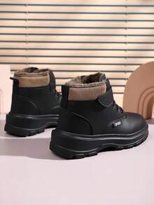1 Pair Teenage Mid-Top Outdoor Boots, PU Upper, Lightweight EVA Sole, Front Lace-Up Closure, Convenient For Daily Wear