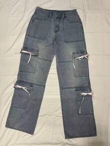 Pantalones anchos de cintura alta con volantes y patchwork, estilo de moda callejera europea y americana