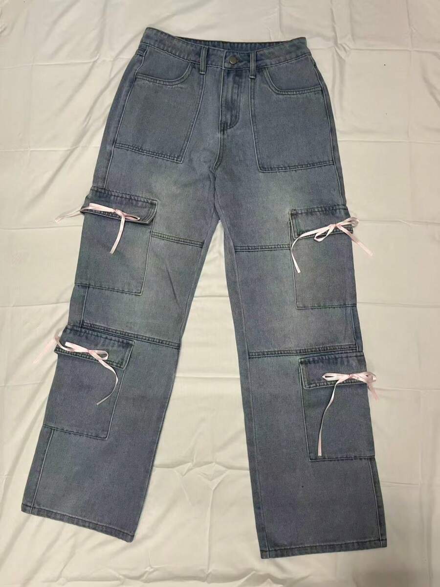 Pantalones anchos de cintura alta con volantes y patchwork, estilo de moda callejera europea y americana