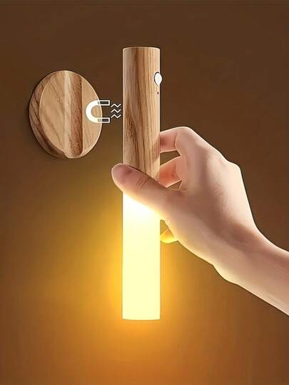 1pc Magnetic Sensor LED Night Light, Modern Beechwood Inlaid Wall Lamp With Magnetic Strip, Rechargeable Wall Light For Bedroom, Staircase, Corridor, Suitable For Halloween, Christmas And Thanksgiving Decoration, Minimalist Design, Durable Plastic, Rechargeable, Wall-Mounted Lamp, Dimmable, Gift For Buyers