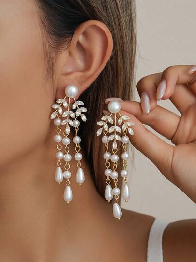 2Pcs Luxury Elegant Crystal Pearl Leaf-Design Chandelier Earrings - Cubic Zirconia Leaf Water Drop Pearl Tassel Dangle & Drop Earrings For Bridal, Evening, Prom | Anniversary Gift Earrings For Women