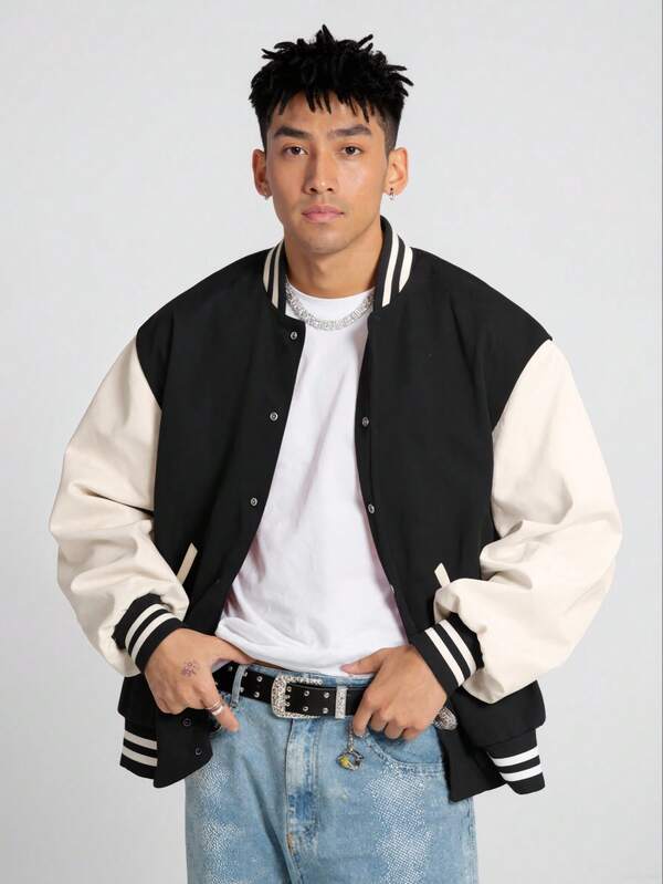 جاكيت رياضية بطبعة شعار للرجال بطراز الشارع الكاجوال، بتصميم ألوان متباينة، مناسبة للارتداء في فصل الخريف