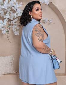 Women's Premium Plus Size Double Vest And Short Set - Azul Claro - View 3