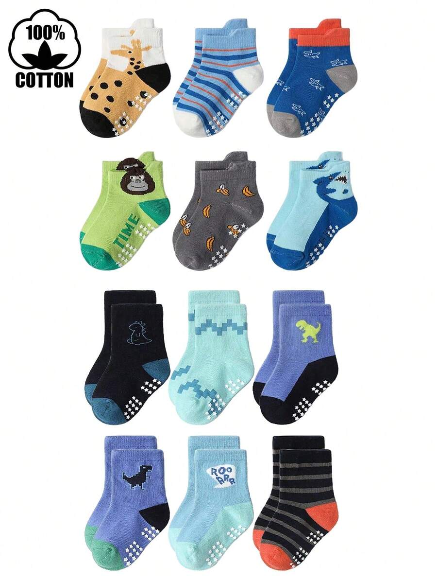6 Pairs/12 Pairs Cotton Star Dot Grip Children Socks, Cartoon Breathable Non-Slip Mid-Calf Socks For Boys And Girls - Multicolor - View 1