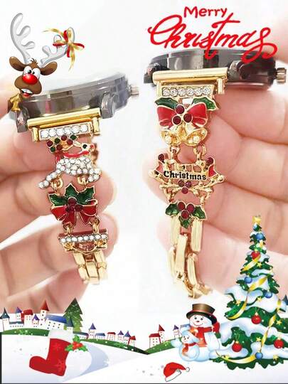 1pc Christmas Element Watch Band, Fits 20mm/22mm Watch Interfaces For Samsung Galaxy Watch, Garmiwaomi, Amazfit, Etc. Also Compatible With Apple Watch Bands 38/40/41/42/44/45/46/49mm Compatible With Apple Watch Ultra3/2/1 Series 10 9 8 7 6 SE 5 4 3 2 1 - Christmas Bell & Reindeer Decoration, Fashionable Smartwatch Accessory, Adjustable Length (Band Only, Watch Not Included)