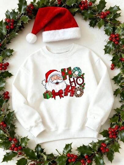 1 pieza Sudadera de cuello redondo blanca de Navidad para mujer, con ajuste oversize, estampado de Papá Noel, top holgado de manga larga casual, adecuado para otoño/invierno