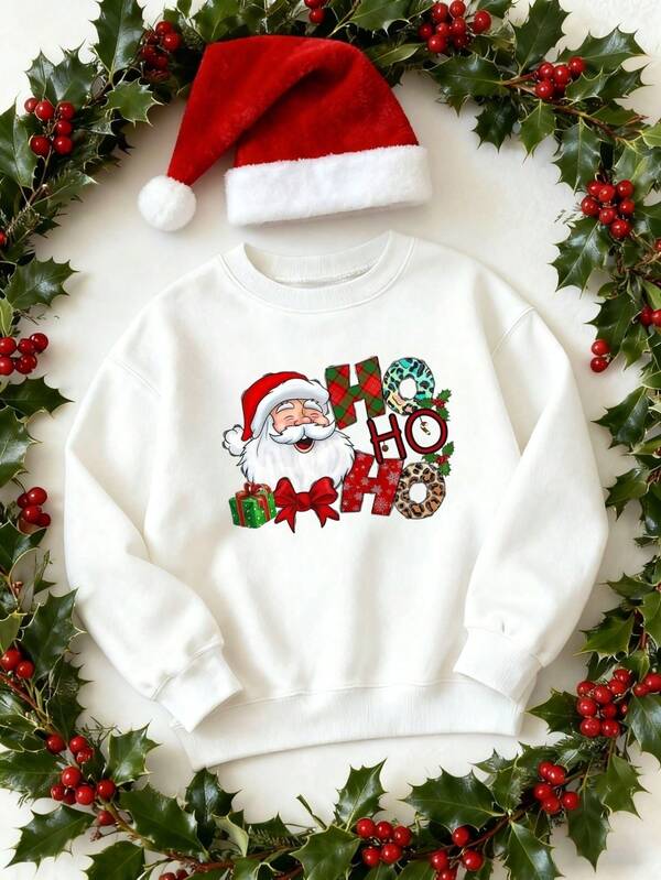 1 pieza Sudadera de cuello redondo blanca de Navidad para mujer, con ajuste oversize, estampado de Papá Noel, top holgado de manga larga casual, adecuado para otoño/invierno