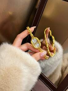 1 pieza Reloj de cuarzo elegante de moda con esfera minimalista y caja con diamantes de imitación, adecuado para decoración diaria - Dorado - Ver 5