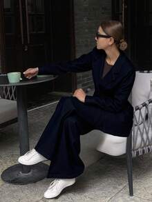 Livesso 女式束腰西装外套和直筒休闲牛仔裤两件套 - 深色水洗藍 - 查看 7