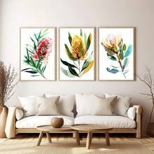 3 pièces/set Impressions d'art de peinture à l'huile de fleurs indigènes australiennes, affiches botaniques, art décoratif, style vintage et campagnard, décoration murale florale de thème printanier, avec affiche peinte de portrait d'intérieur, convient pour la décoration de la maison, de la chambre, du salon, de la salle de bain, décoration murale, avec option de cadre