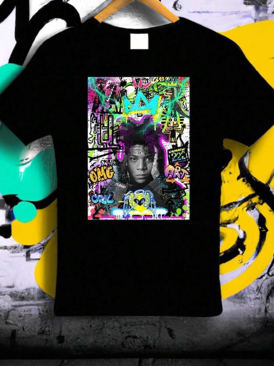 B Asquiat Graffiti T-Shirt, B Asquiat T-Shirt, B Asquiat Art Shirt, Iconic Artist Shirt, Graffiti T-Shi - 黑色 - 查看 1