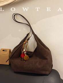 Bolsa de ombro em tecido de veludo de cor sólida Low Tea, 1 peça, bolsa de ombro feminina retrô, design de alça única com fecho de zíper, alça de ombro ajustável para uso no ombro ou transversal, adequada para viagens, compras, encontros, presente feminino, ótima para deslocamento, atividades ao ar livre, viagens, caminhadas - Café - Ver 2