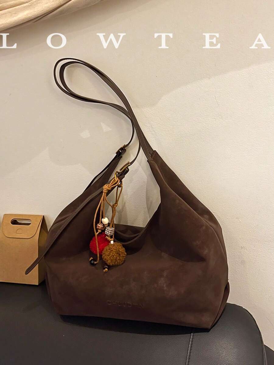 Bolsa de ombro em tecido de veludo de cor sólida Low Tea, 1 peça, bolsa de ombro feminina retrô, design de alça única com fecho de zíper, alça de ombro ajustável para uso no ombro ou transversal, adequada para viagens, compras, encontros, presente feminino, ótima para deslocamento, atividades ao ar livre, viagens, caminhadas