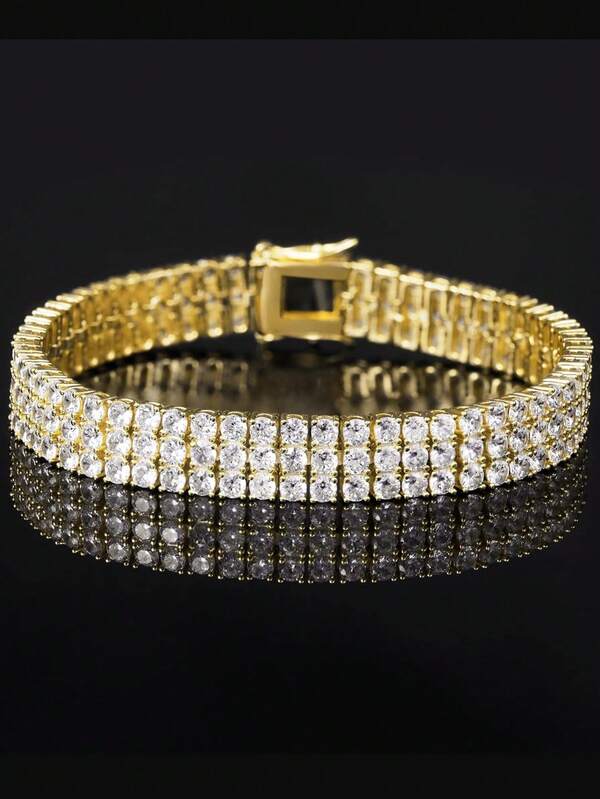 Pulsera de tenis con 3 filas de circonitas cúbicas | Pulseras de oro blanco/amarillo de 3.0 mm para hombres de talla 6.5-8.5 pulgadas