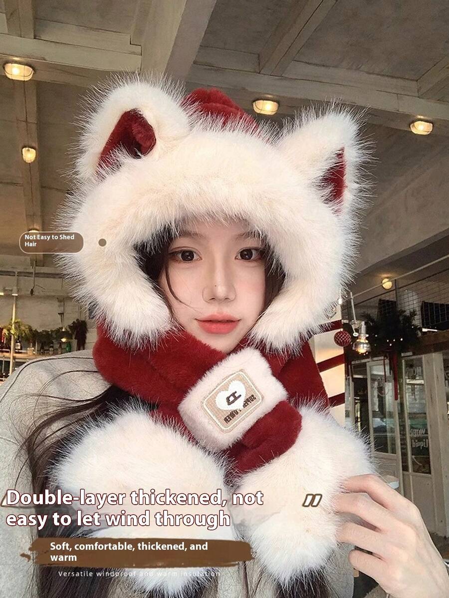 1pc This Plush And Cute Fox-Eared Hat And Scarf In One Piece Is A Women's Autumn And Winter Neck For Cycling Warmth. It's A Hooded Scarf Suitable For Outdoor Exploration, Cycling And Skiing. It's A Christmas Gift