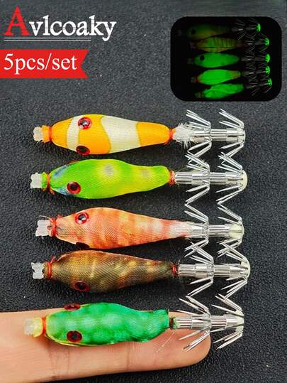 AVLCOAKY Juego de 5 piezas Avlcoaky Anzuelos fosforescentes para calamar, cebo de madera brillante para pesca de camarones y pulpo, suministros de pesca
