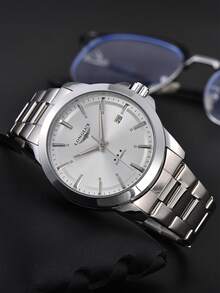 LONGLUX 1 pieza Reloj de negocios de alta gama para hombre, automático, mecánico, impermeable, con calendario, correa de acero y hebilla de mariposa - Blanco - Ver 5
