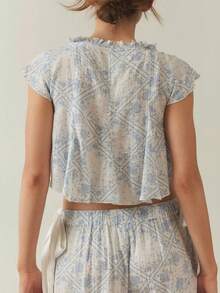 Women Y2K Floral 2Pcs Pajamas Set Ruffled V Neck Cap Sleeve Bow Tie Front Shirts Crop Tops And Side Bow Elastic Wide Leg Pants Sets Summer Fall Pj Sleepwear Loungewear Cute Two Pieces Pjs Matching Outfits - 藍白色 - 查看 7