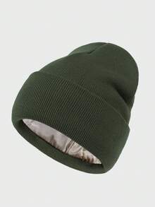 1pc Men Black Solid Thermal Lined Thick Knit Beanie Hat, Casual Pullover Cap Suitable For Daily Outdoor Use To Keep Warm In Extremely Cold Weather Fall Outfit