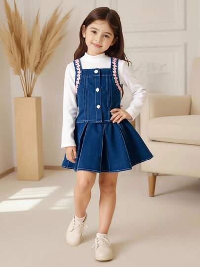 3 Stücke Mädchen Herbst/Winter Mode elegantes Jeans Set, Denim Jacke & -weste mit bunter Stickerei + weißer strukturierter Rollkragen Langarmoberteil + Denim Rock, stilvoller, anmutiger, süßer Outfit, geeignet für Lässig und Alltag