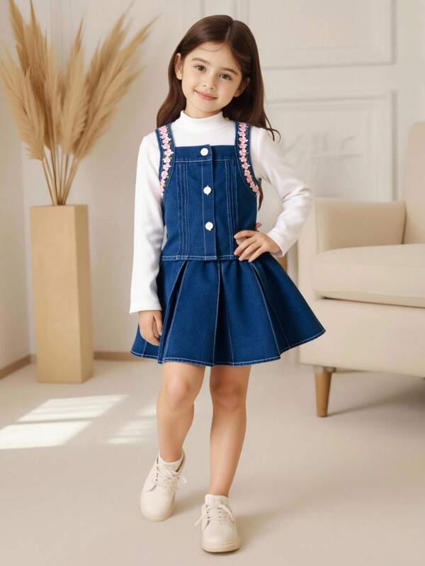 3pcs Girls Autumn/Winter Fashion Elegant Denim Set, Denim Colorful Embroidered Jacket & Vest + White Textured Turtleneck Long Sleeve Top + Denim Skirt, Stylish, Graceful, Cute Outfit, Suitable For Casual And Daily Wear