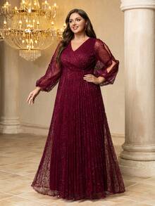 Vestito da sera lungo UNITHORSE da donna, con stampa casuale, collo a V elegante, maniche a lanterna, contrasto in paillettes e tessuto in rete plissettato, aderente