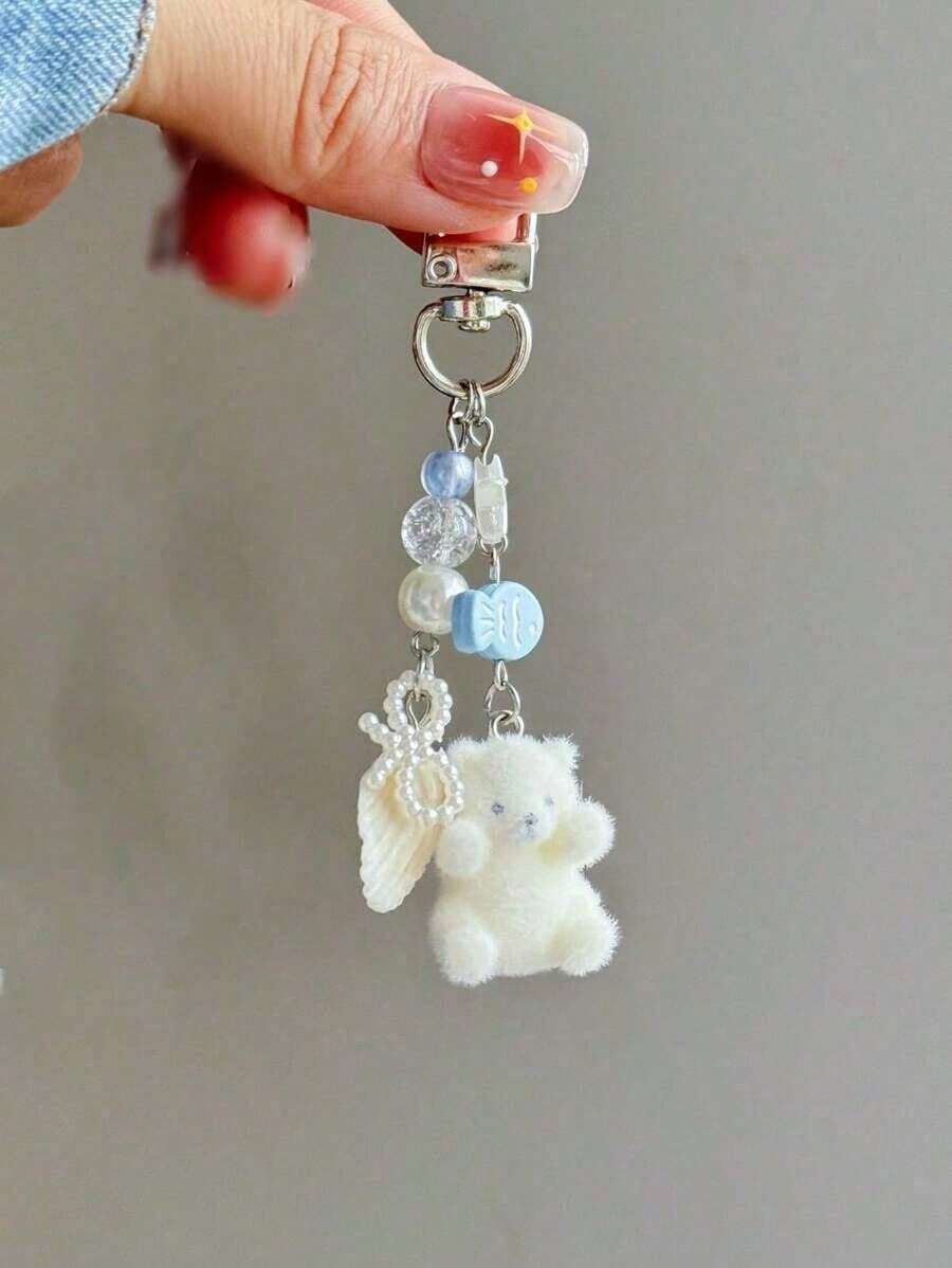 1pc Unisex Cartoon Flocked Small White Bear Keychain, Cute Shell Small Accessory, Student Personalized Phone Case Bag Pendant - Nhiều màu 3 - Xem 1