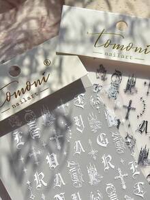 1片白色哥特风美甲贴纸 - 新品上市 - 时尚叛逆 - 优雅的字母、十字架和星星图案，适合DIY个性化美甲，哥特美甲爱好者的理想之选 - 白色 - 查看 7