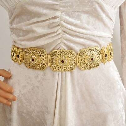 1pc Shiny Square Hollow Carved Floral Pattern Minimalist Design Belt, Moroccan Bride Perfect Wedding Dress Waist Accessory