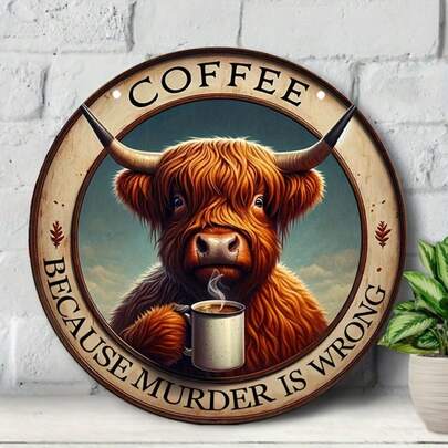 1 peça, placa de metal redonda vintage com estampa de café de vaca (20x20 cm), decoração bem-humorada para cozinha de fazenda, arte de parede à prova d'água e resistente às intempéries, presente ideal para entusiastas de café e vacas, mensagem peculiar "Café porque está errado".