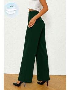 Pantalones de Pierna Ancha y de Cintura Alta - Verde Oscuro - Ver 4
