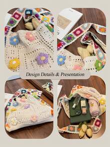 Dedoo Bohemian Style Retro Hollow-Out Floral Contrast Color Casual Crossbody Bag Tote Bag Vocation Holiday Outgoing Shopping Bag(The Color Position Of Flowers Is Random)(The Color/Pattern Of Shoulder Strap Is Random) Suitable For Traveling And Shopping, Commuting To Work.Can Be Used As Valentine's Day, Thanksgiving, Halloween,Christmas Gift. - Multicolor - View 7
