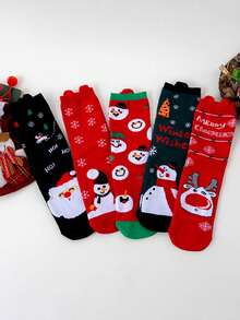 5 Pairs Random Women's Christmas Themed Mid-Calf Socks, Autumn/Winter