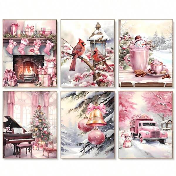 6pcs Christmas Decoration Wall Art Prints, Unframed, 8x10 Inches, 2D Flat Design, Paper Material, Featuring Birds, Trucks, Pine Trees, Snowmen, Stockings, Christmas Scenes, Winter Snowy Forest, Christmas Cabin Art, Ideal For Living Room, Bedroom Decor, Christmas Gift
