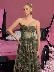 优雅女士印花无肩带长款晚礼服 - 多层荷叶边设计，色彩鲜艳 - 适合婚礼、晚宴、夏季派对、红毯活动和新娘送礼会 - 橄欖綠 - 查看 6