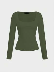 ملابس علوية أساسي بياقة طاقم ذو طبقتين بدون غرز، مصمم بإحكام مع أكمام طويلة