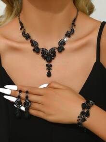 Bộ trang sức 3/4 món phong cách Gothic màu đen gồm mặt dây chuyền, bông tai và vòng tay dành cho nữ, thích hợp cho tiệc Halloween, phong cách đường phố, làm quà tặng hoặc đeo hàng ngày. - đen - Xem 9