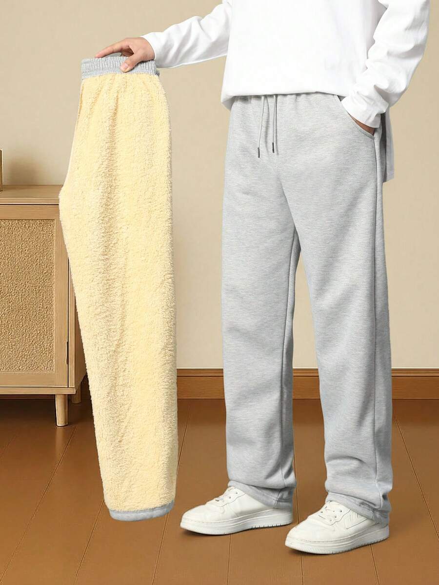 男士纯色保暖内衬抽绳裤，适合秋冬穿着 - 淺灰色 - 查看 1