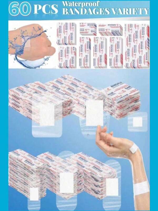 1 CONJUNTO - 60/10 PEÇAS de Band-Aids Transparentes, Adesivos Hemostáticos para Feridas de Emergência, Bandagens de Emergência de Alta Elasticidade, Curativos para Feridas, Bandagens Adesivas Respiráveis - Adequado para Cuidados de Feridas de Emergência, Espuma, Raspagem, Etc., Com Vários Estilos de Combinação Adequados para Vários Lugares