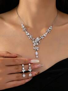 3 Pcs Luxurious Floral Crystal Zirconia Necklace With Matching Drop Earrings For Wedding Party Prom​, ​​Bridal & Evening Gala Jewelry Set, Sparkling Elegant Jewelry Gift For Anniversary, Date Night, Red Carpet