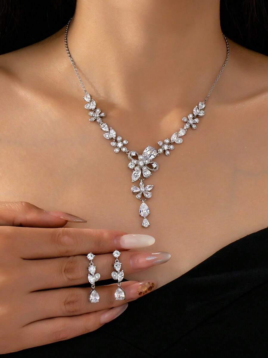 3 Pcs Luxurious Floral Crystal Zirconia Necklace With Matching Drop Earrings For Wedding Party Prom​, ​​Bridal & Evening Gala Jewelry Set, Sparkling Elegant Jewelry Gift For Anniversary, Date Night, Red Carpet